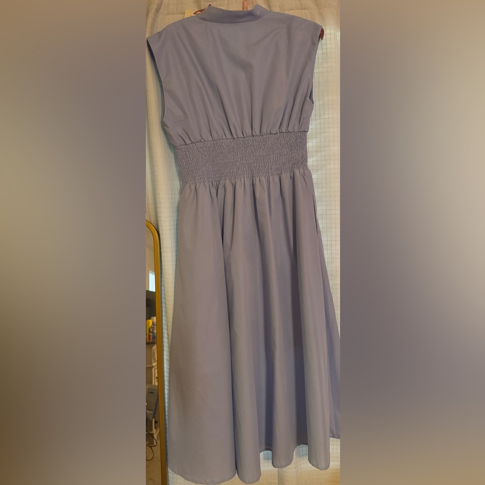 Entro Cap Sleeve-Sleeve Smocked Front-Zip Shirt Dress Blue Large - Picture 2 of 6